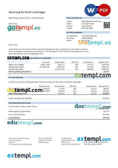 Germany ENSO rechnung für strom und erdgas business utility bill template in Word and PDF format