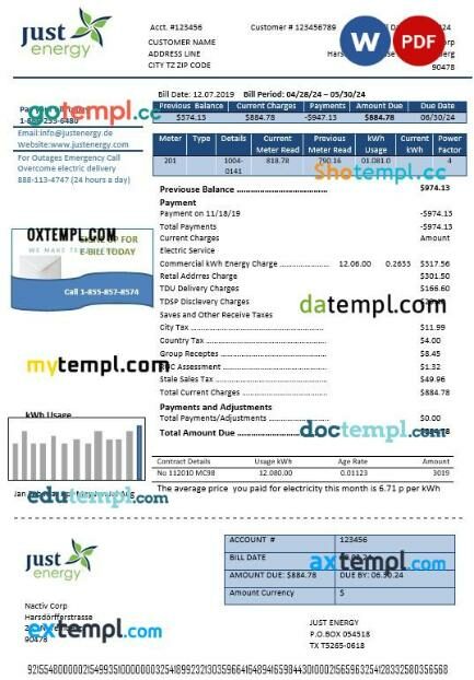 Germany Just Energy business utility bill template in Word and PDF format
