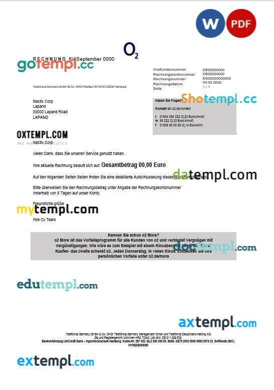Germany RECHNUNG O2 business utility bill template in Word and PDF format
