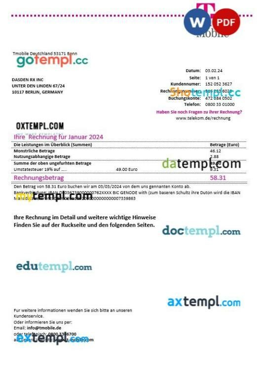 Germany T Mobile business utility bill template in Word and PDF format