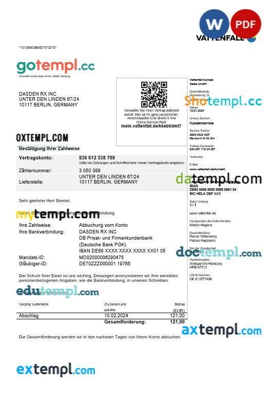 Germany VATTENFALL business utility bill template in Word and PDF format