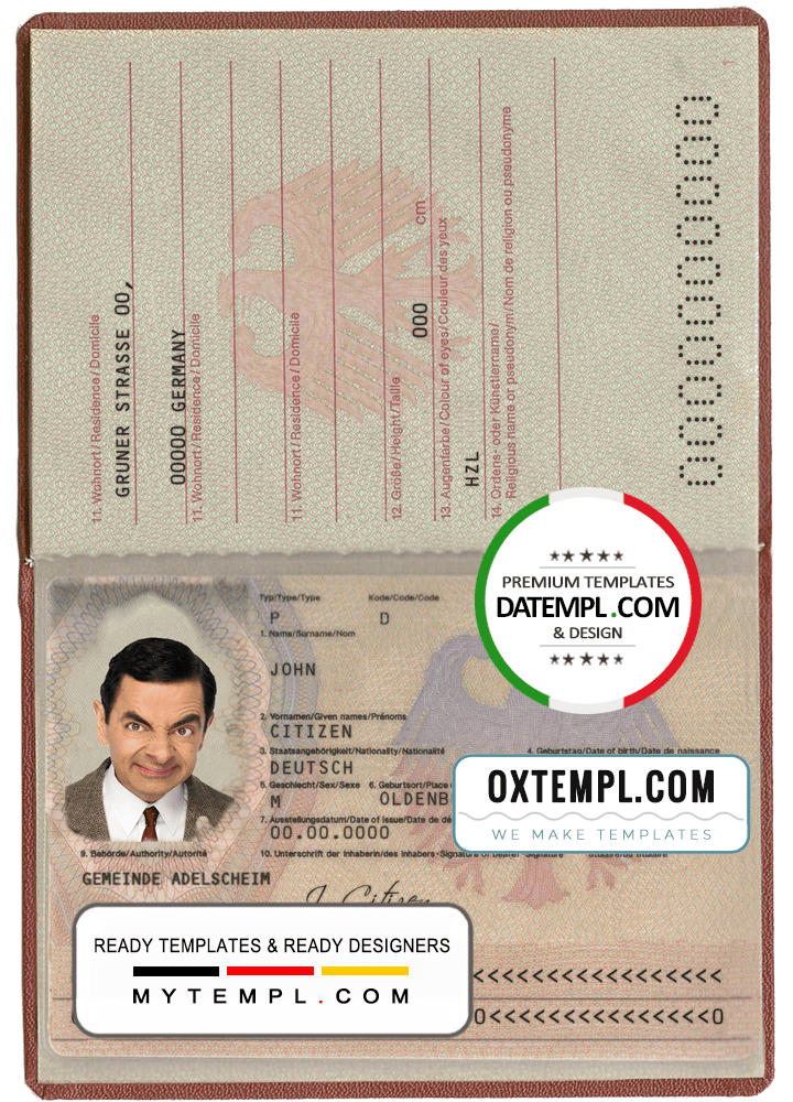 German passport example in PSD format, 2005-2017