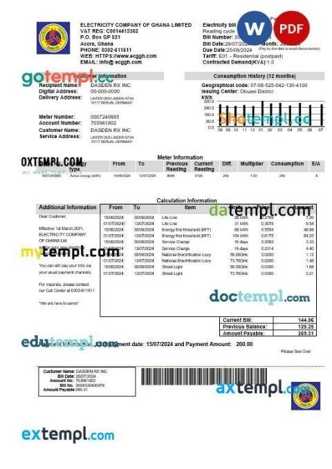 Ghana Electricity Company of Ghana business utility bill template in Word and PDF format