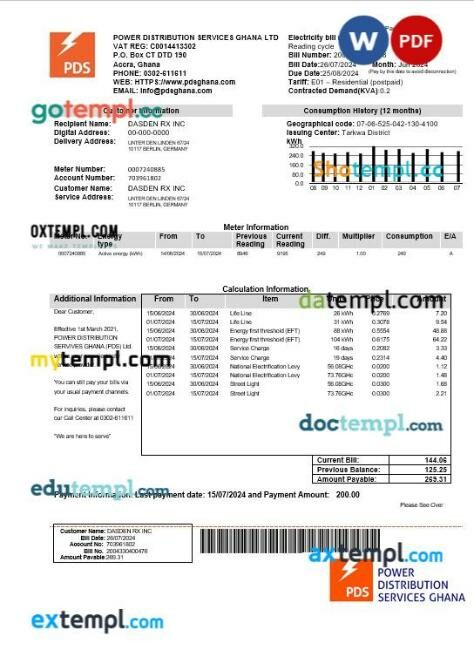 Ghana PDS electricity business utility bill template in Word and PDF format