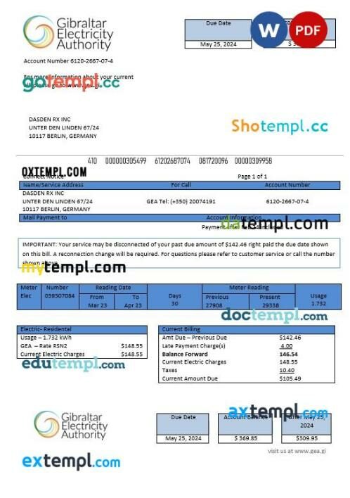 Gibraltar Electricity Authority business utility bill template in Word and PDF format