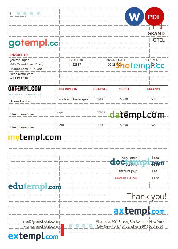 Grand Hotel Invoice example in word and pdf format
