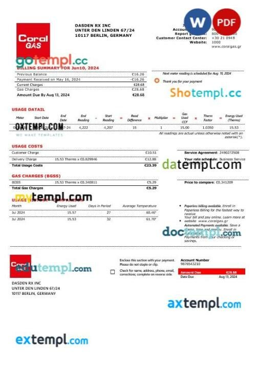 Greece CORAL GAS business utility bill template in Word and PDF format