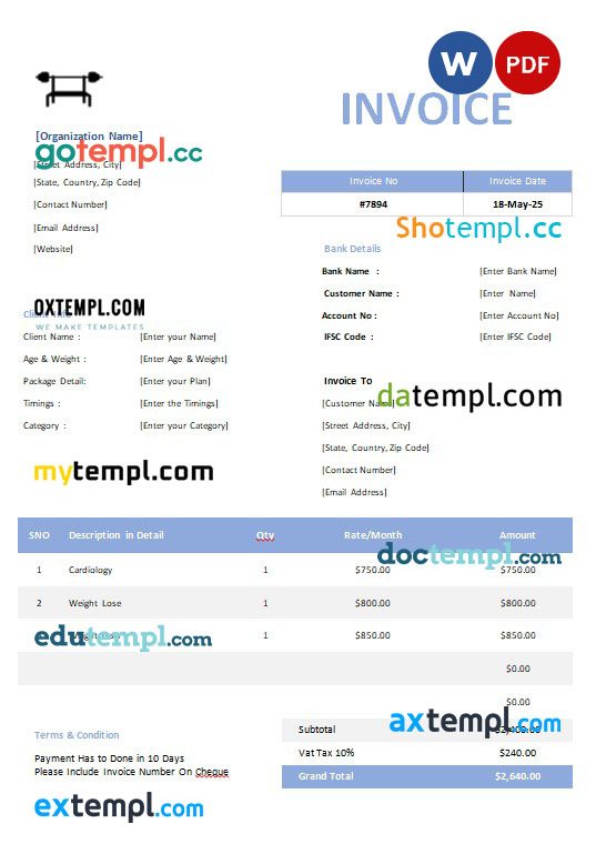 Gym Invoice example in word and pdf format