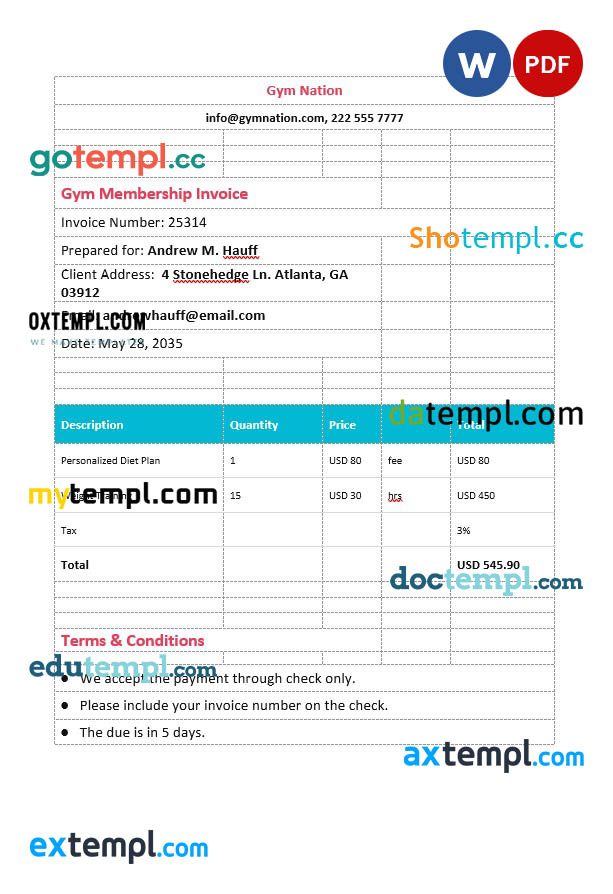 Gym Membership Invoice example in word and pdf format
