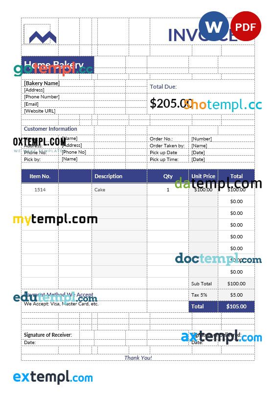 Home bakery invoice example in word and pdf format