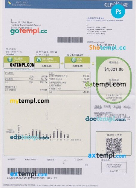 Hong Kong CLP power utility bill in PSD format
