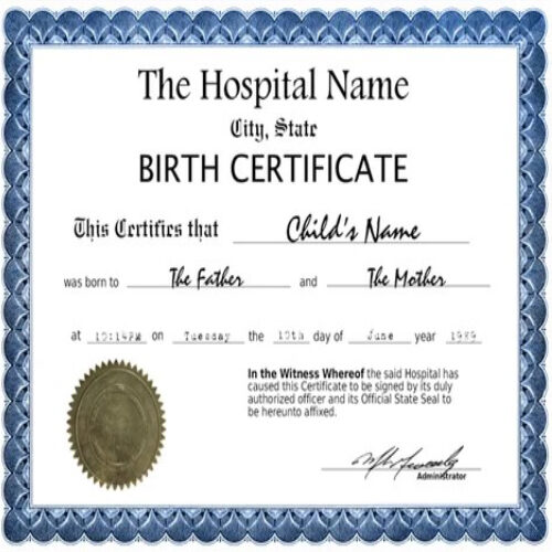 Hospital given certificate of birth template in PSD format