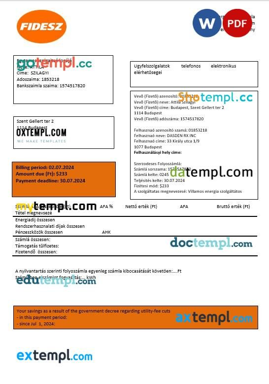 Hungary FIDESZ easy to fill business utility bill template in Word and PDF format