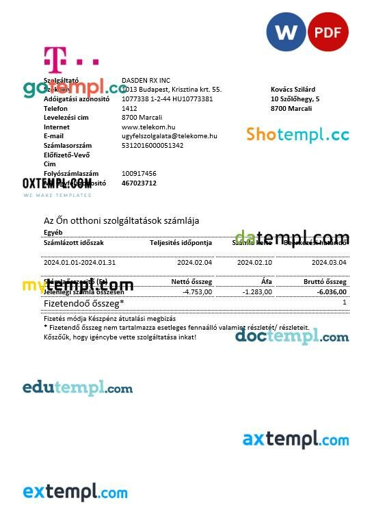 Hungary Magyartel business utility bill template in Word and PDF format