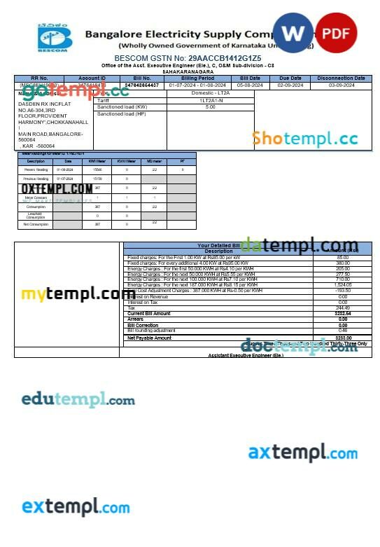 India bescom business utility bill template in Word and PDF format