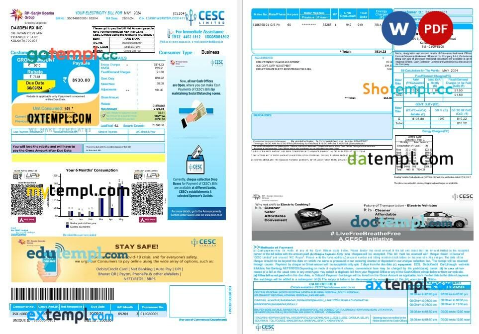 India cesc limited business utility bill template in Word and PDF format