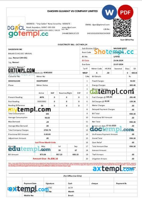 India dgvcl business utility bill template in Word and PDF format