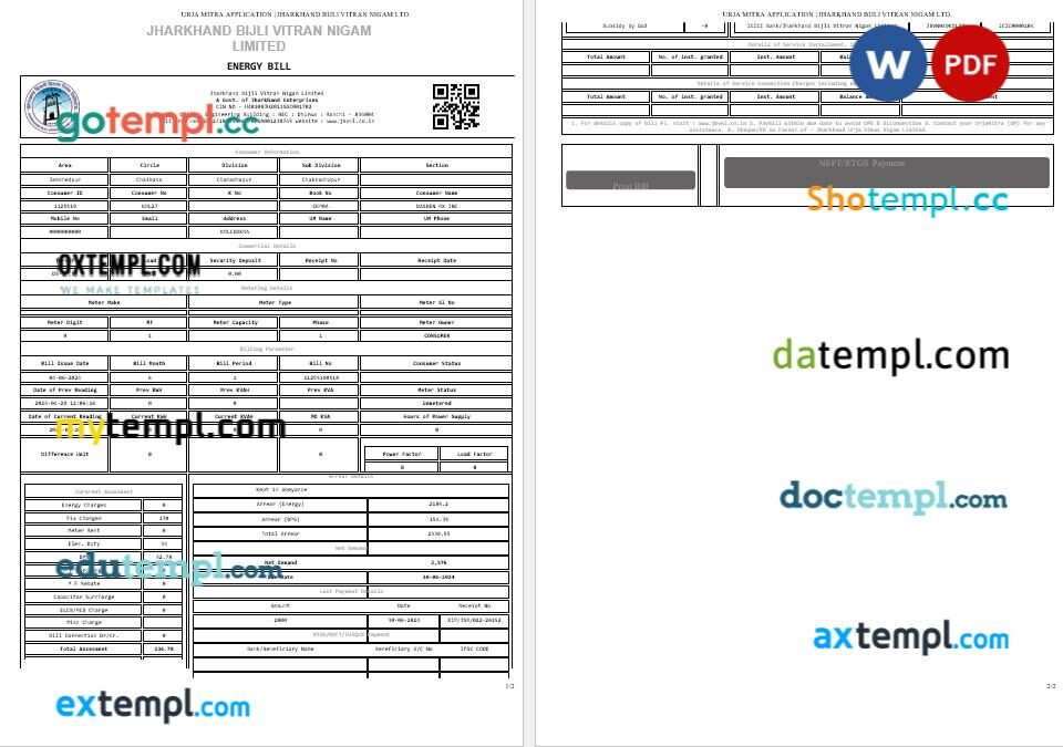India jharkhand bijli vitran nigam ltd. business utility bill template in Word and PDF format