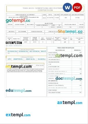 India Tamilnadu business utility bill template in Word and PDF format