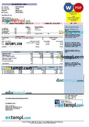 India Tenaga nasional business utility bill template in Word and PDF format