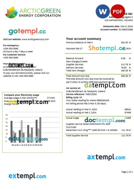 Iceland Arctic Green Energy Corporation electricity business utility bill template in Word and PDF format
