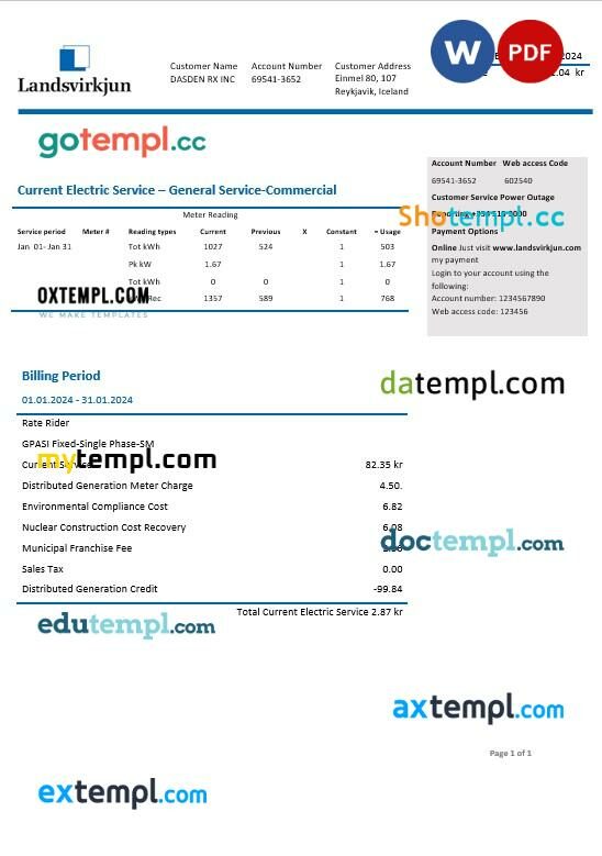 Iceland National Power Company of Iceland Landsvirkjun electricity business utility bill template in Word and PDF format