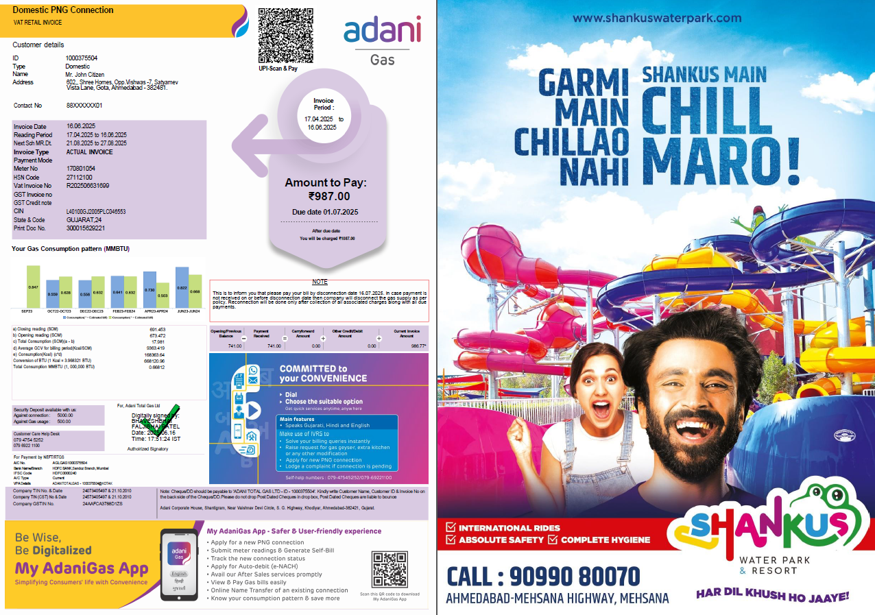 India Adani Gas utility bill template in Word and PDF formats, 3 pages
