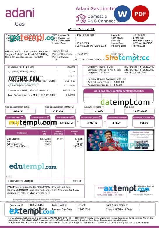 India Adani business utility bill template in Word and PDF format