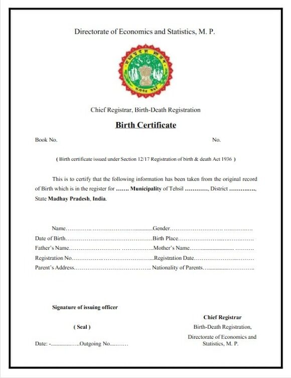 India Birth-Death registration birth certificate template in PSD format