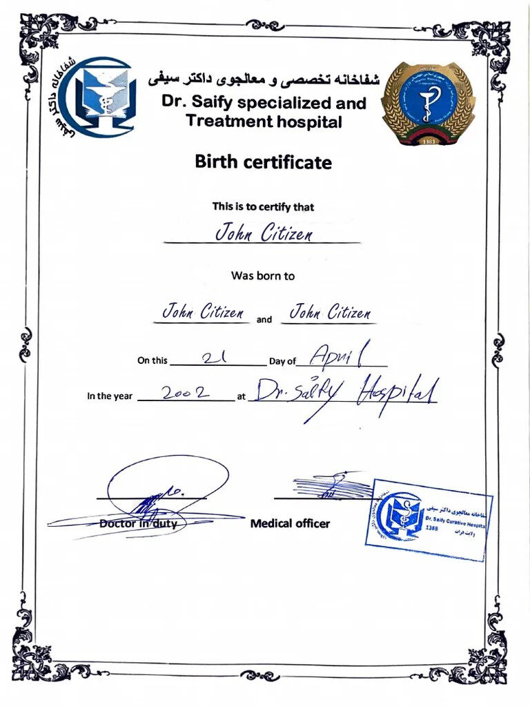 India Dr. Saify specialized and treatment hospital birth certificate template in PSD format