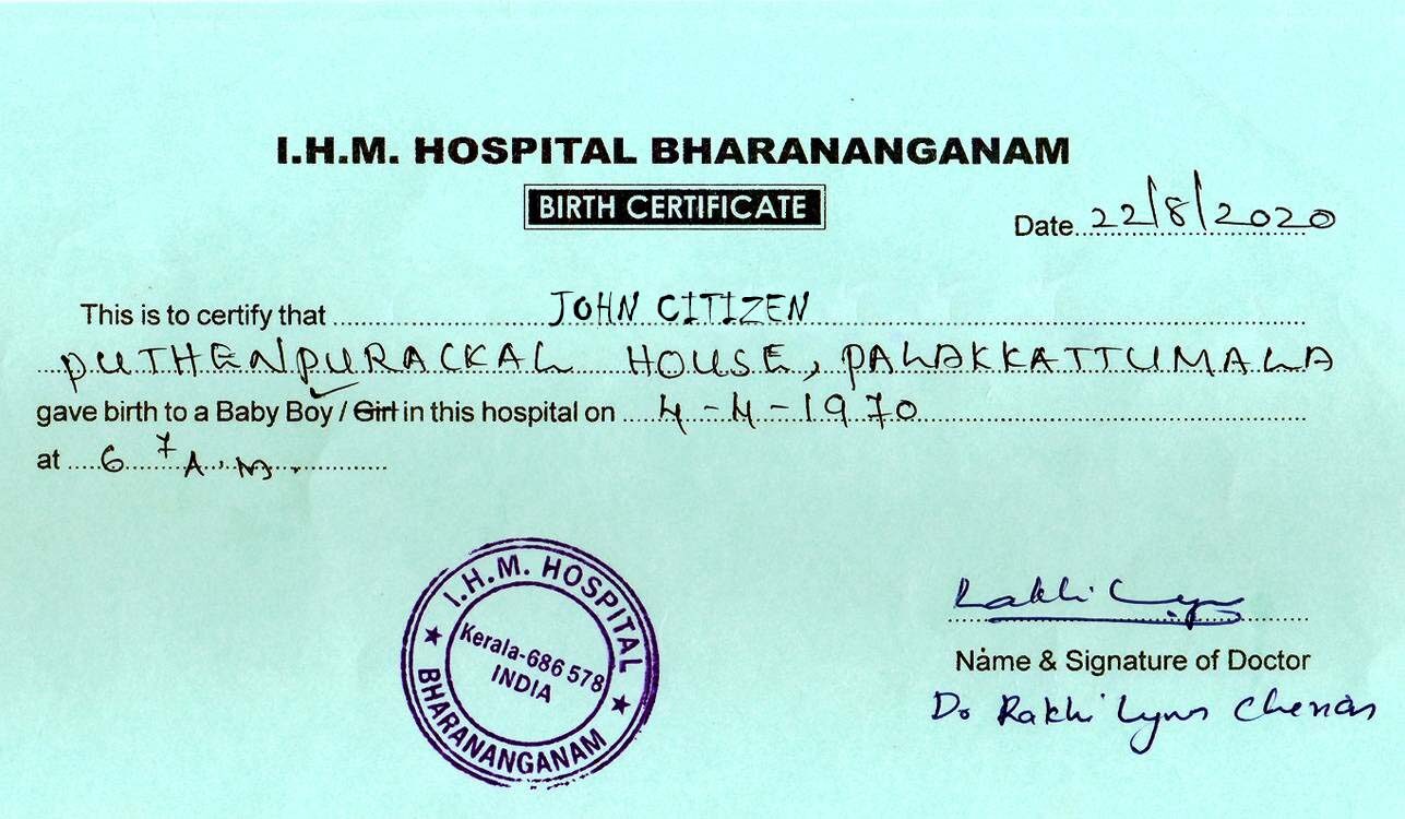 India I.H.M. Bharananganam hospital birth certificate template in PSD format