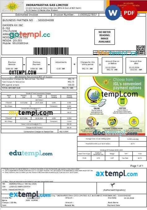India IGL business utility bill template in Word and PDF format