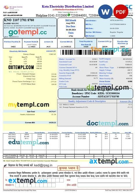 India Kota electricity business utility bill template in Word and PDF format
