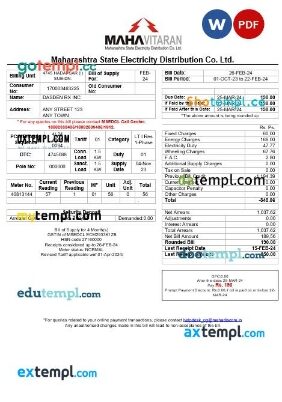 India Mahavitaran Co Ltd business utility bill template in Word and PDF format