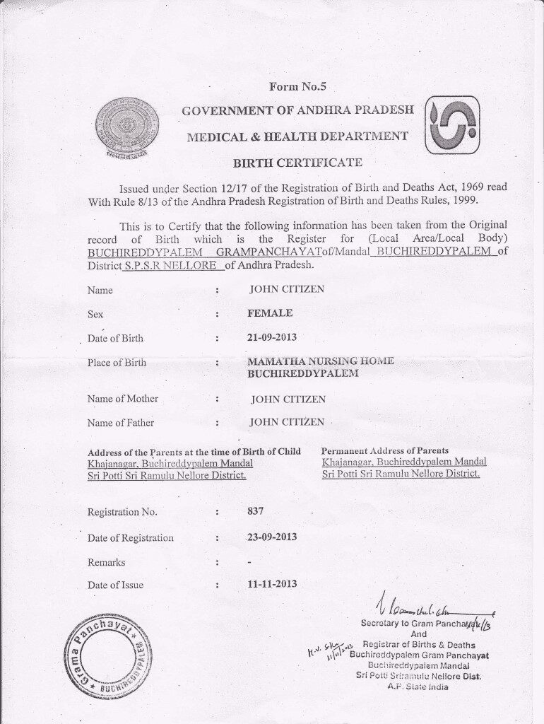 India Medical & Health department of government of Andhra Pradesh birth certificate template in PSD format