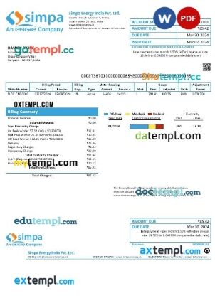 India Simpa Energy India Pvt. Ltd business utility bill template in Word and PDF format