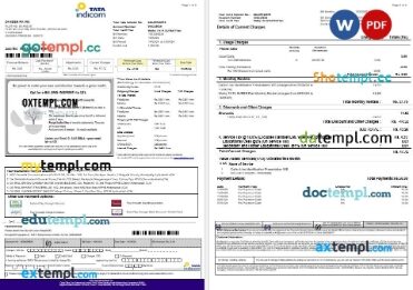 India Tata Indicom mobile business utility bill template in Word and PDF format, 2 pages