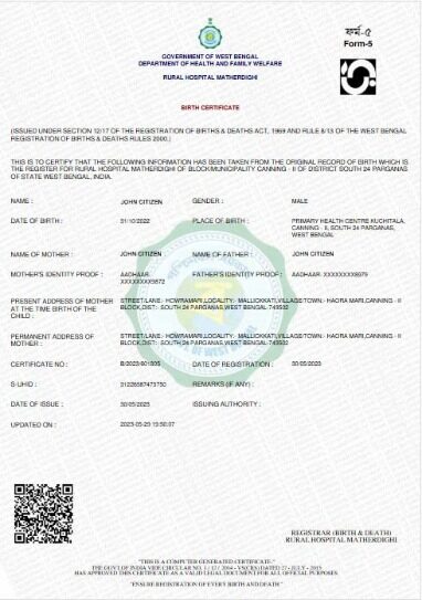 India West Bengal Rural hospital birth certificate template in PSD format