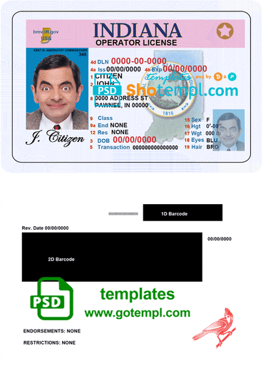 USA Indianna driving (operator) license example in PSD format