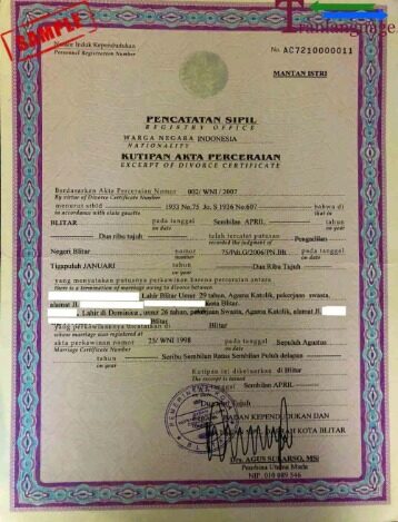 Indonesia Register of Blitar divorce certificate template in PSD format