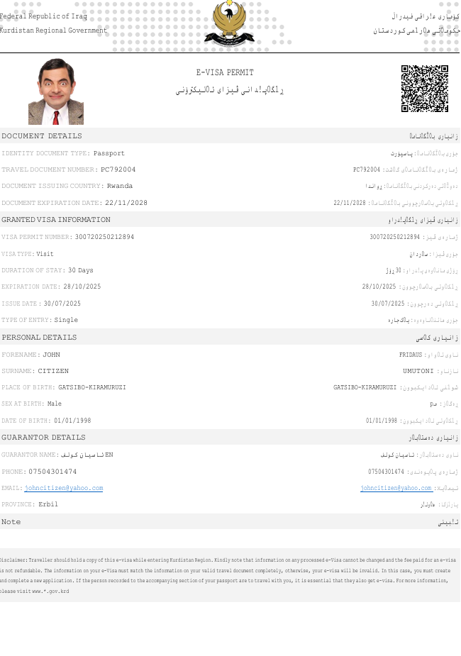 Iraq e-visa template in Word and PDF formats