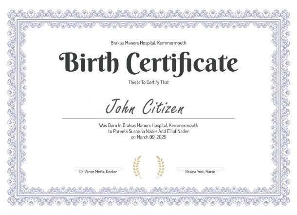 Kemmermouth Brakus Manors hospital birth certificate template in PSD format