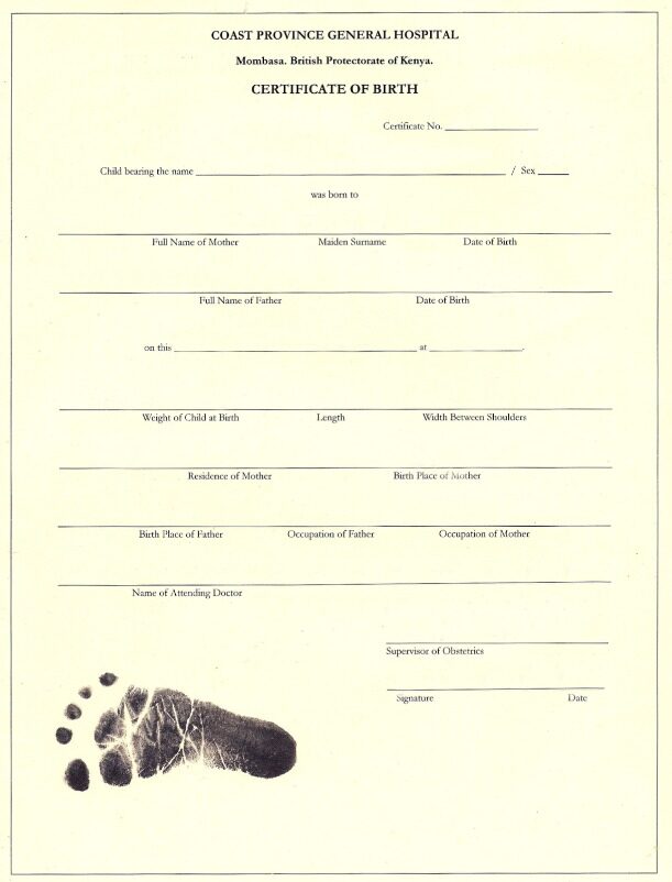 Kenya Coast Province General hospital birth certificate template in PSD format