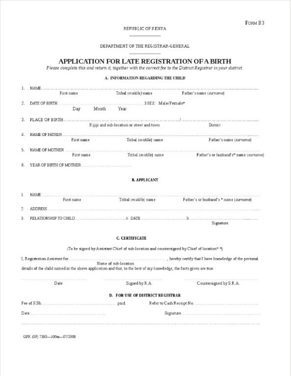 Kenya Department of the registrar-general birth certificate template in PSD format