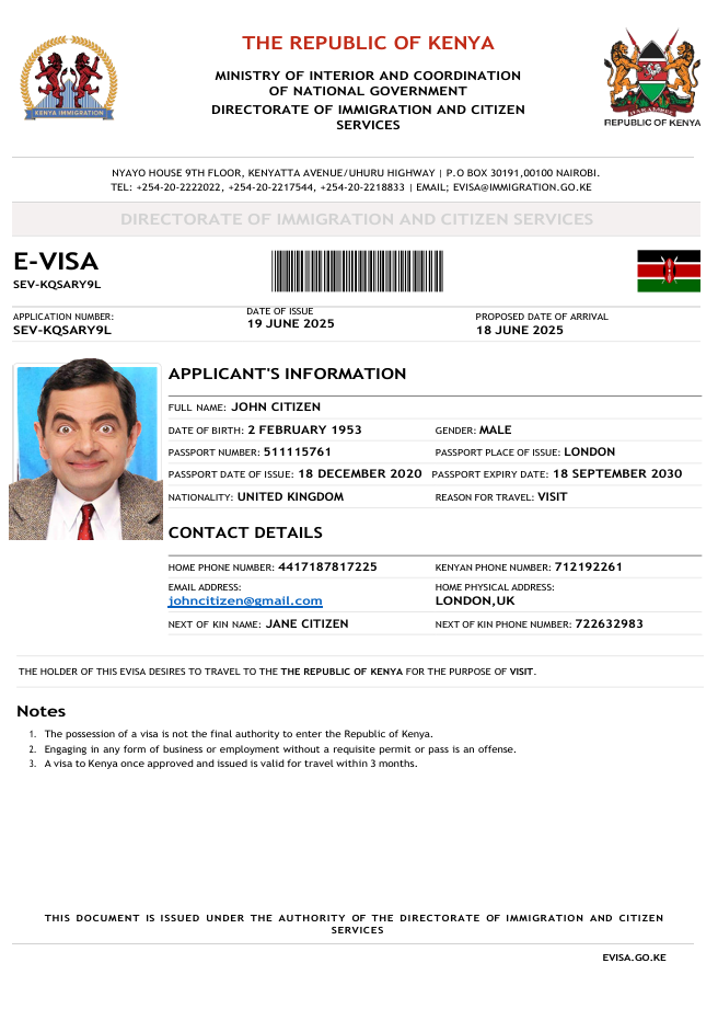 Kenya e-visa template in Word and PDF formats