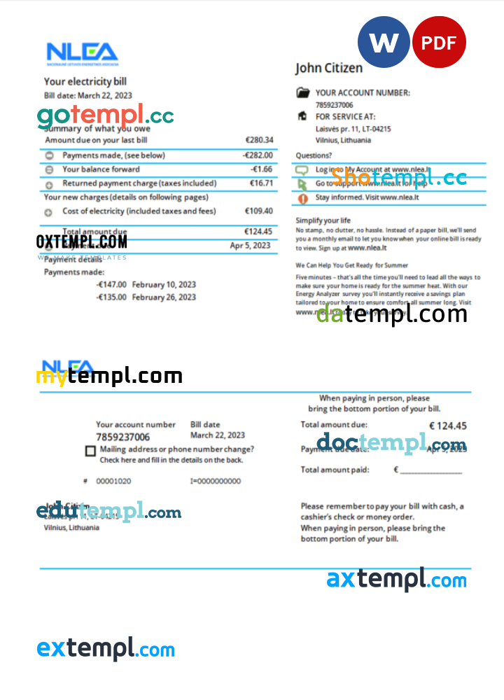 Lithuanian National Lithuaniann Energy Association utility bill download Word and PDF example