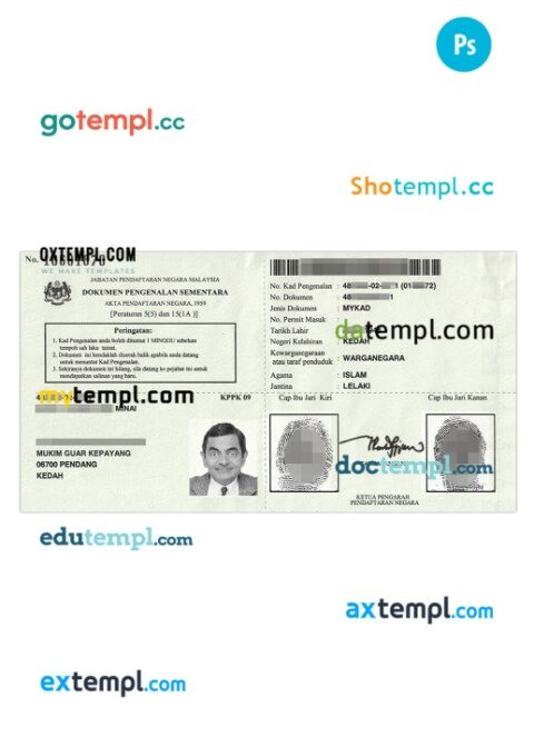 Malaysia Temporary Identification Certificate PSD example