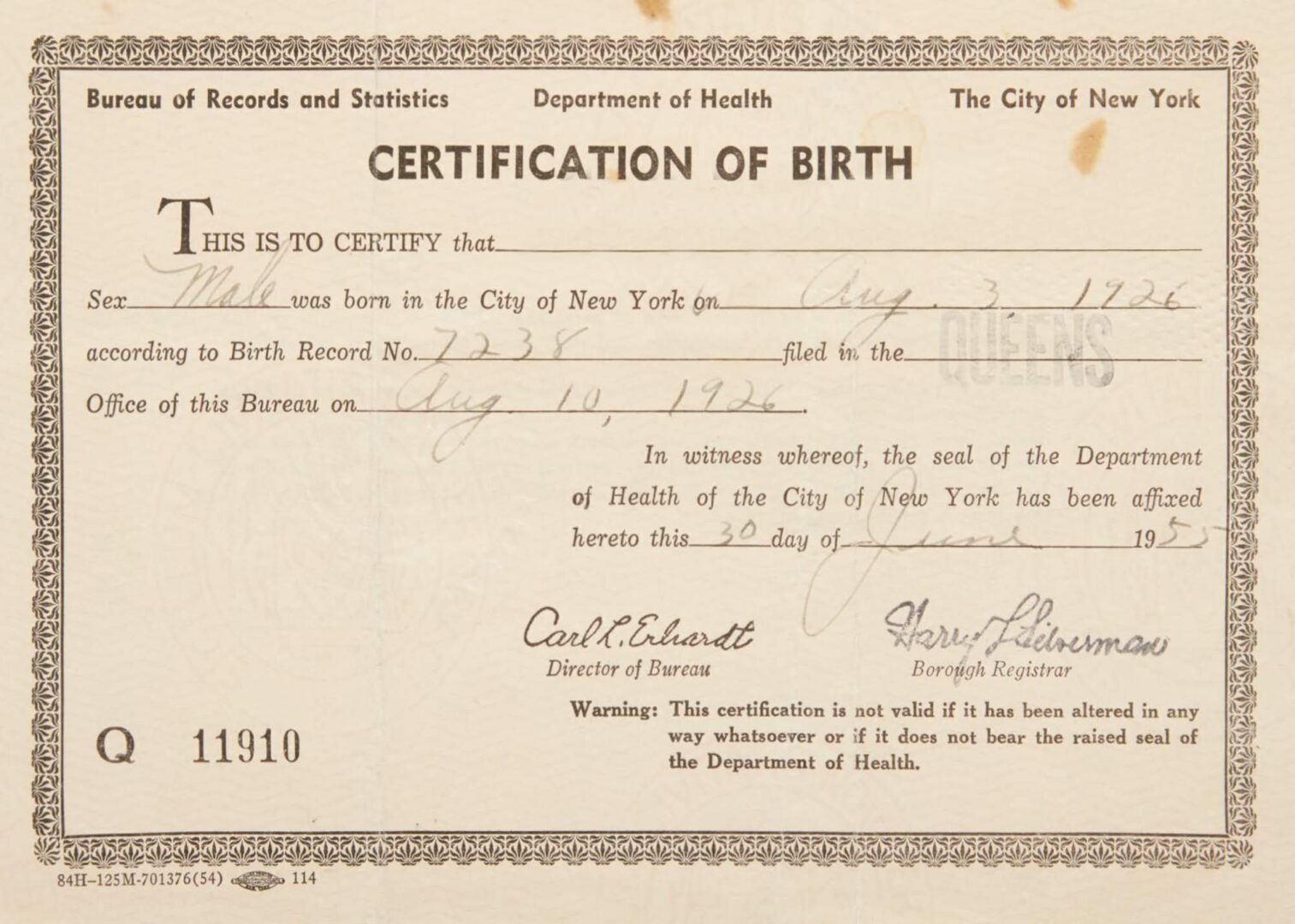 New York Department of Health birth certification template in PSD format