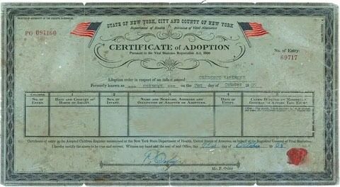 New York Registry of vital statistics adoption certificate template in PSD format
