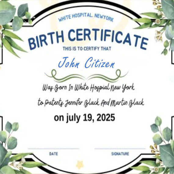 New York White hospital certificate of birth template in PSD format